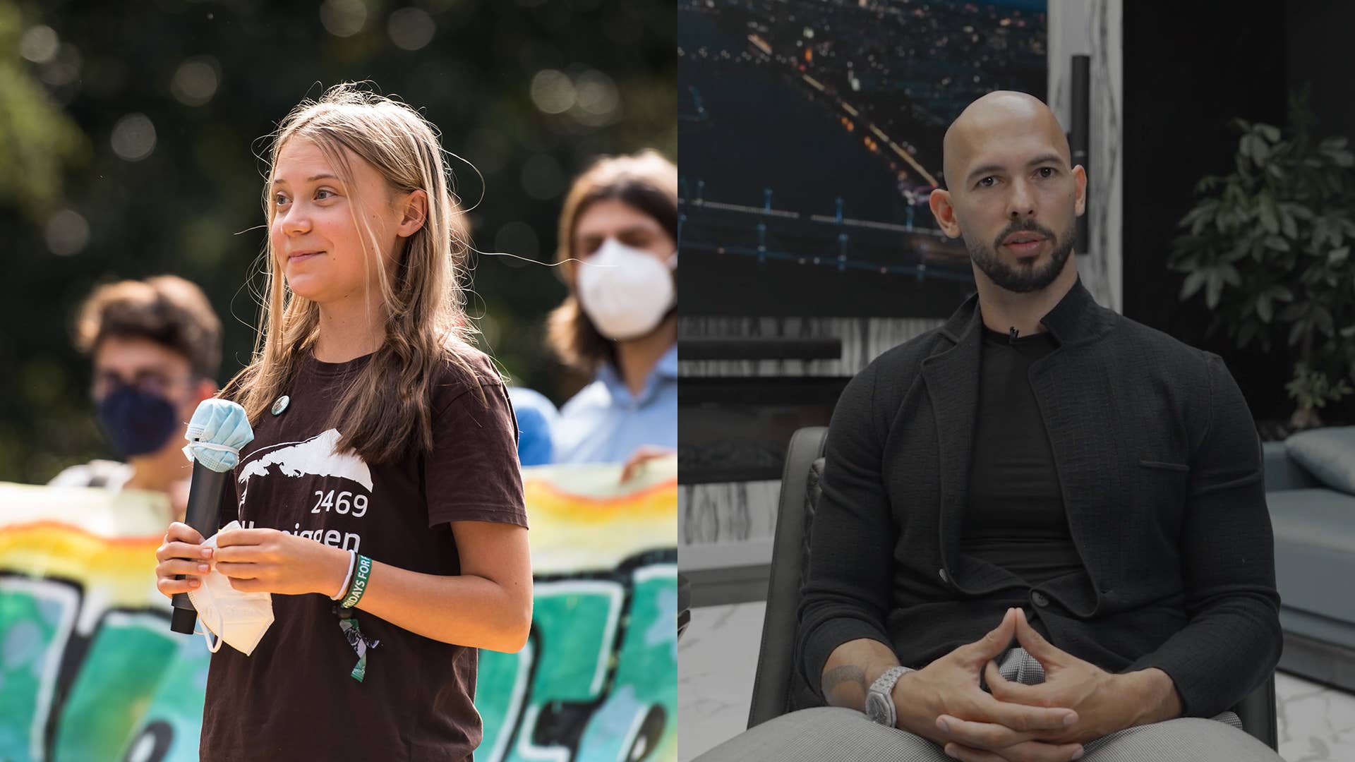 Greta Thunberg at the Fridays for Future parade in Milan, and Andrew Tate in a screenshot from a video addressing his YouTube ban