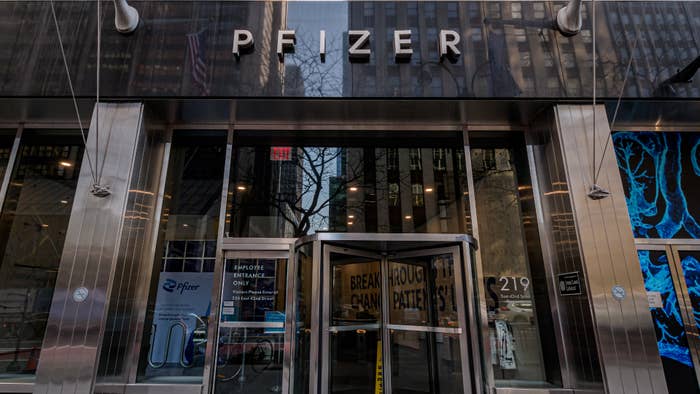 The Manhattan Pfizer headquarters building is pictured