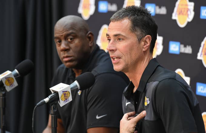 Lakers President of Basketball Operations Earvin "Magic" Johnson and General Manager Rob Pelinka