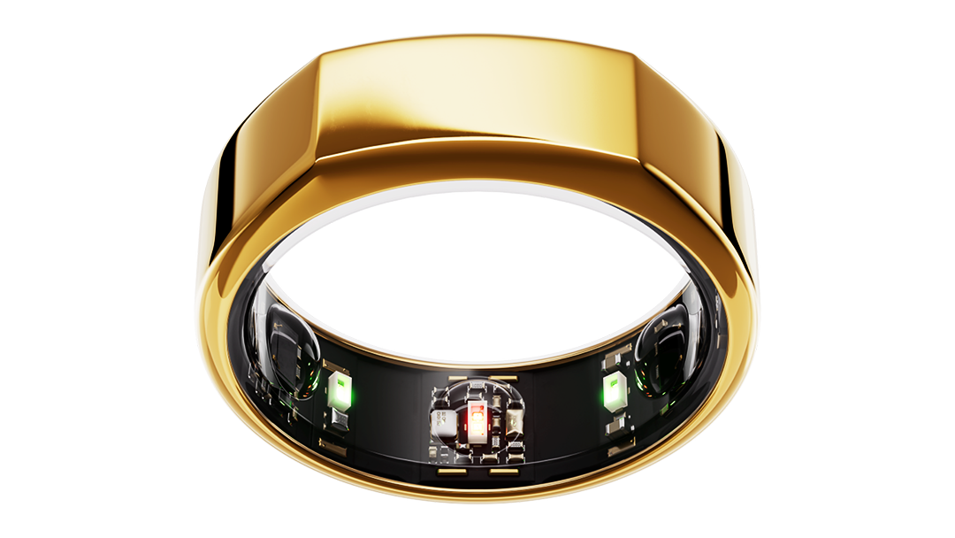 Close-up promotional image of the gold Oura Ring Gen 3.