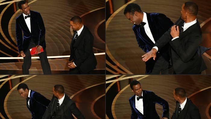 Pictures of chris rock getting slapped by will smith at the oscars.
