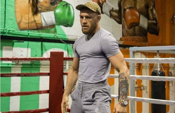 Conor McGregor shows off Floyd Mayweather painting on the wall of his gym.