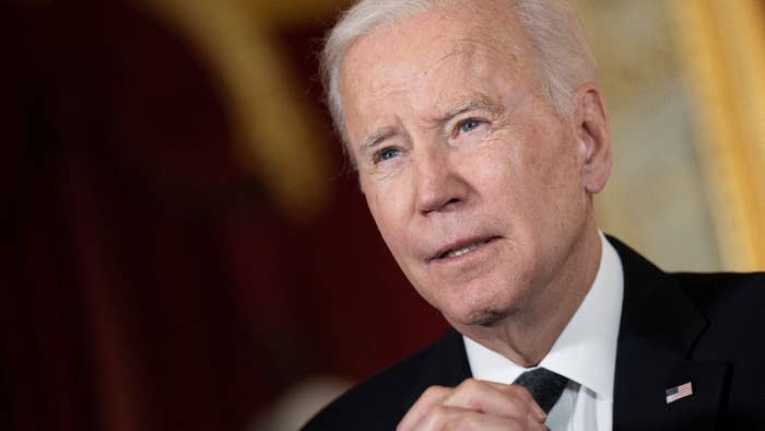 Joe Biden speaks after signing a book of condolence at Lancaster House in London.