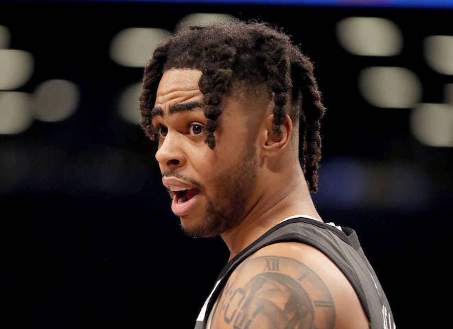 D&#x27;Angelo Russell reacts in the second half against the Philadelphia 76ers.