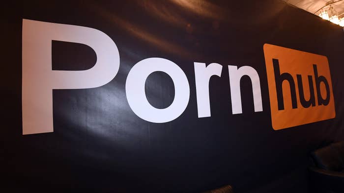 A Pornhub logo is displayed at the company&#x27;s booth at the 2018 AVN Adult Entertainment Expo.
