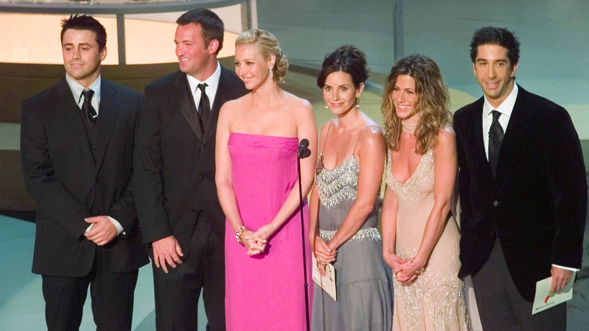 The cast of the NBC comedy Friends is pictured in an archival photo