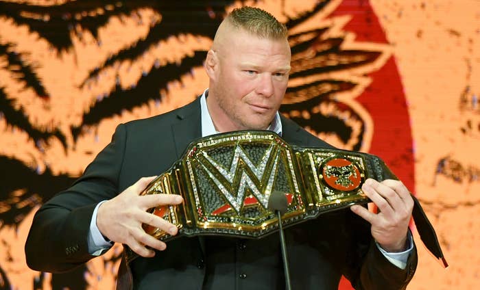 WWE champion Brock Lesnar is introduced at a WWE news conference at T-Mobile Arena