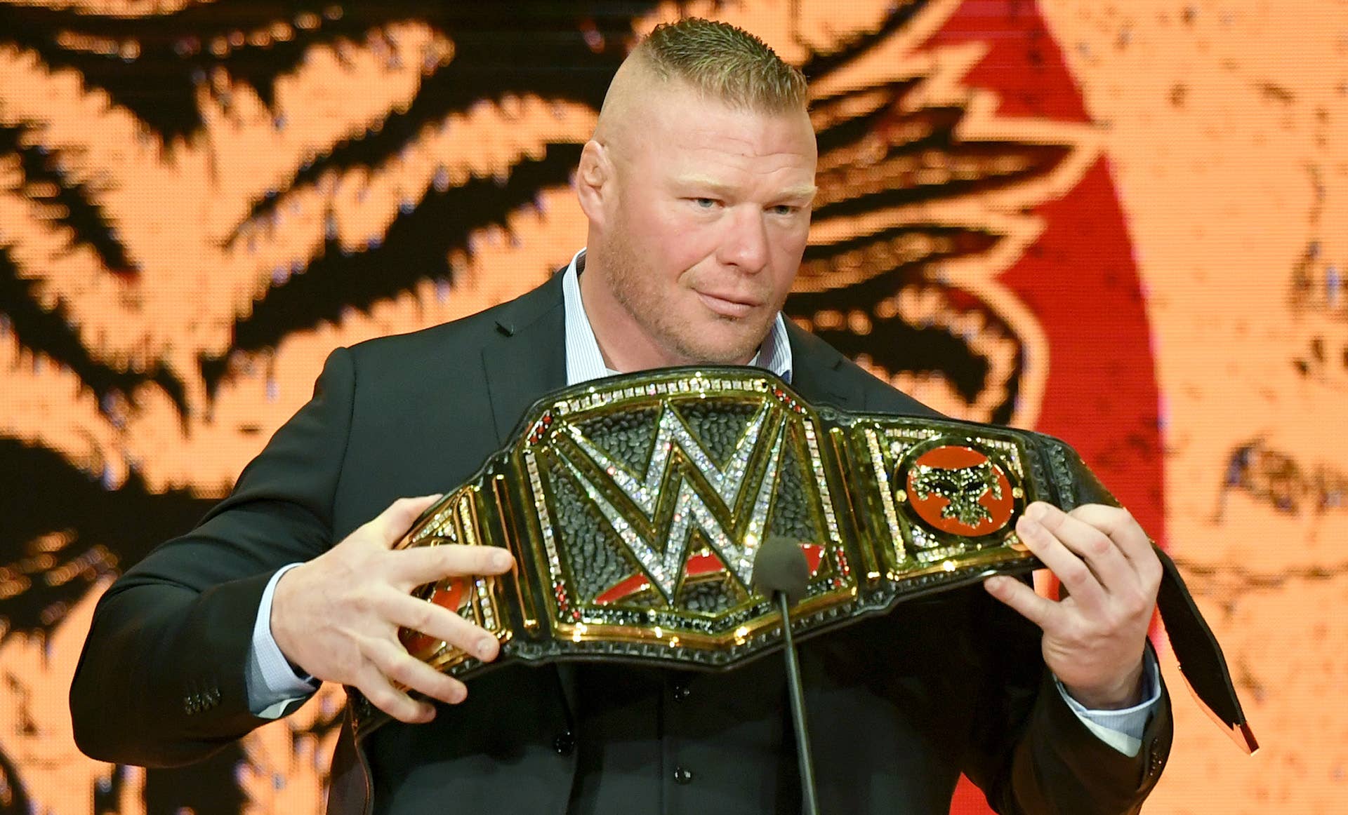 WWE champion Brock Lesnar is introduced at a WWE news conference at T-Mobile Arena