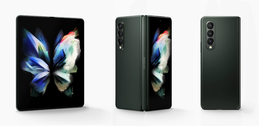 Promotional photo of Samsung Galaxy Z Fold3s lined up with floral screensaver.