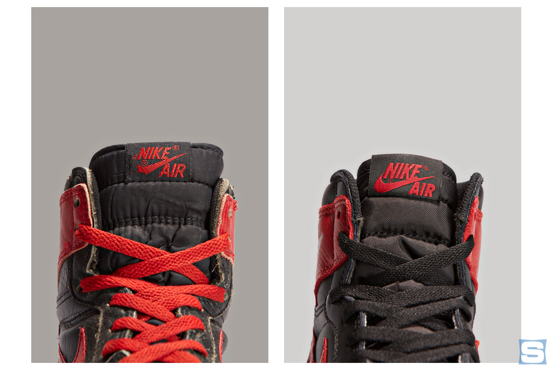 Banned Air Jordan 1 1985 vs. 2016 Comparison Tongue