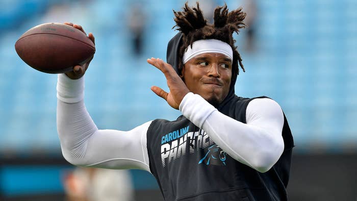 Cam Newton warms up prior to a game during the 2019 season.