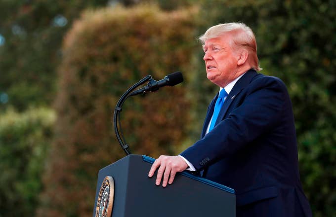 US President Donald Trump delivers a speech during a French US ceremony