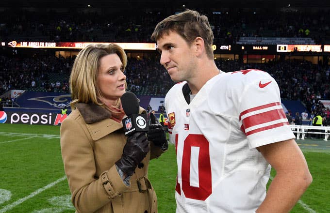 Eli Manning talks with a reporter after the Giants Rams game in London.