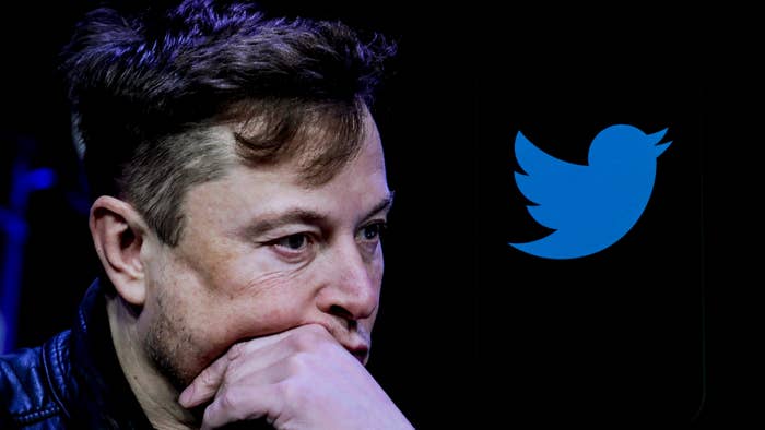 An image of Elon Musk is displayed on a computer screen and the logo of Twitter.
