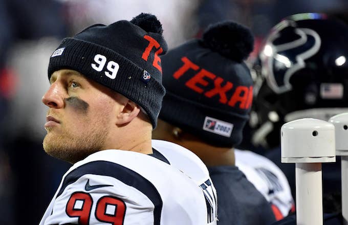 J.J. Watt looks on from the sidelines in the fourth quarter of the AFC Divisional playoff game.