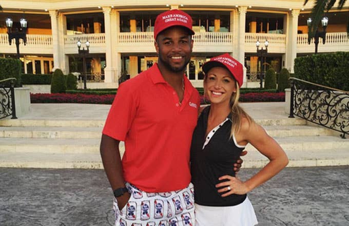 Golden Tate and his now wife sport 'Make America Great Hats.'