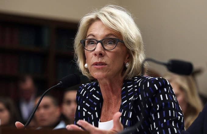 U.S. Secretary of Education Betsy DeVos testifying during a hearing.