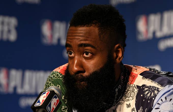 James Harden #13 of the Houston Rockets talks at the press conference