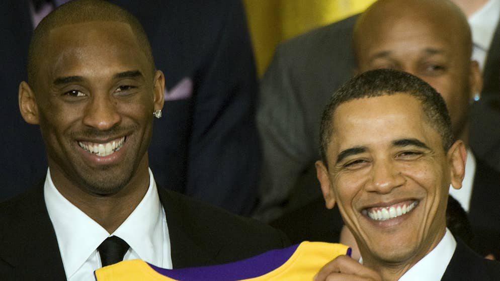 Barack Obama poses with Los Angeles Lakers Guard Kobe Bryant
