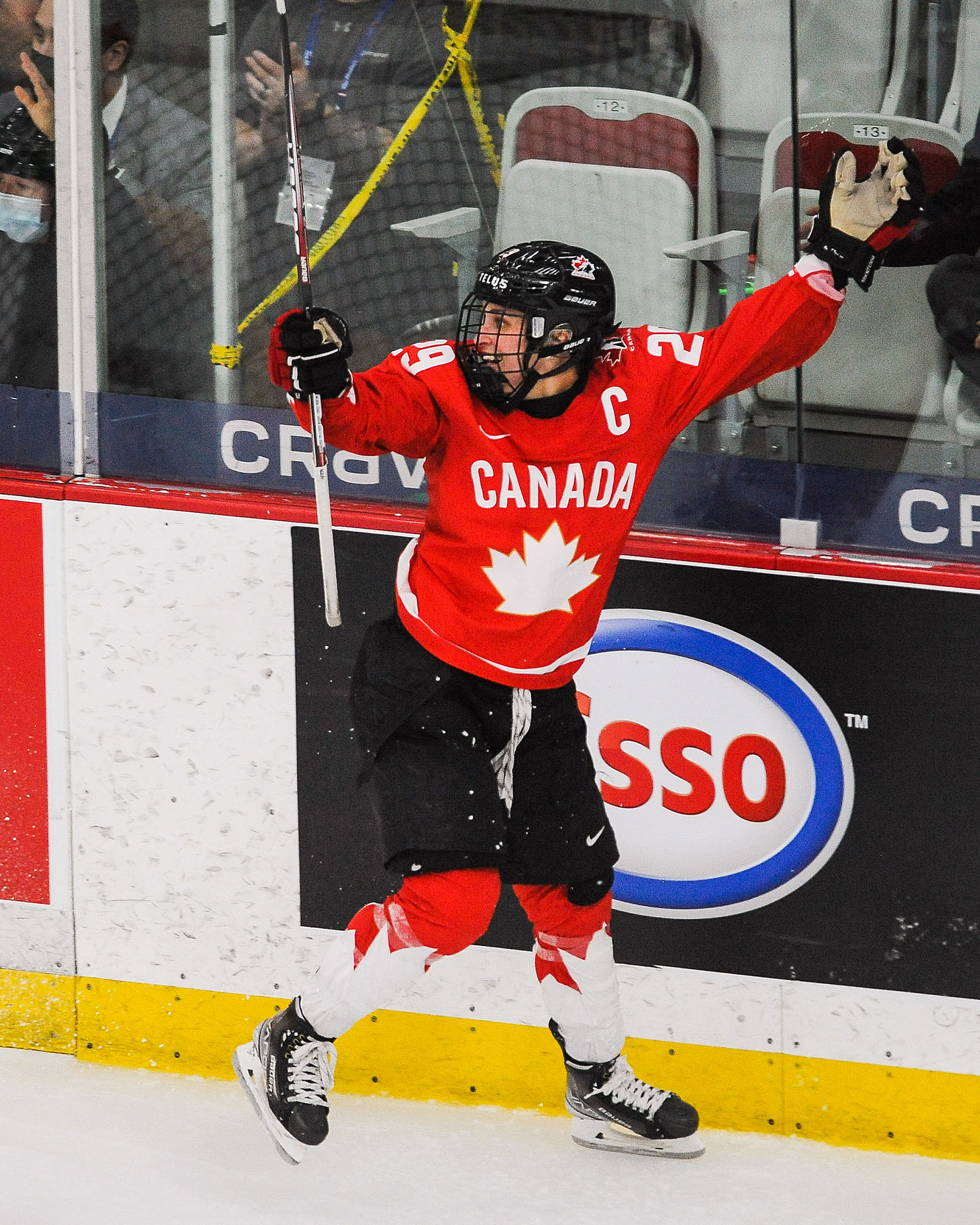 Marie-Philip Poulin #29 of Canada celebrates after scoring the game-winning goal against United States in the 2021 IIHF Women&#x27;s World Championship gold medal game played at WinSport Arena on August 31, 2021 in Calgary, Canada. Canada defeated United States 3-2 in overtime.