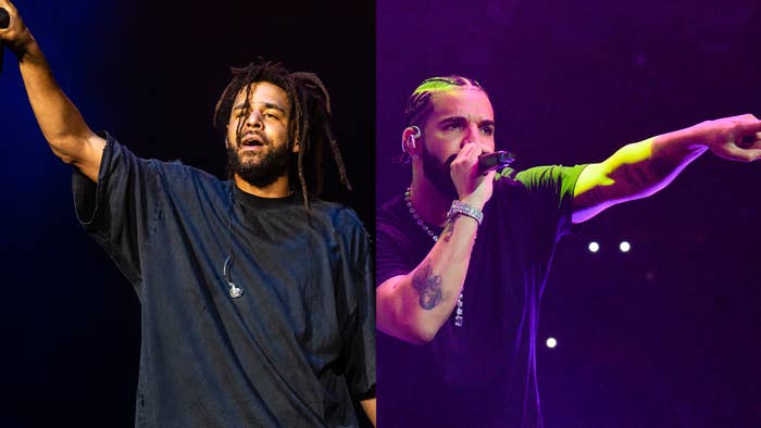 Split image of J. Cole and Drake side by side.