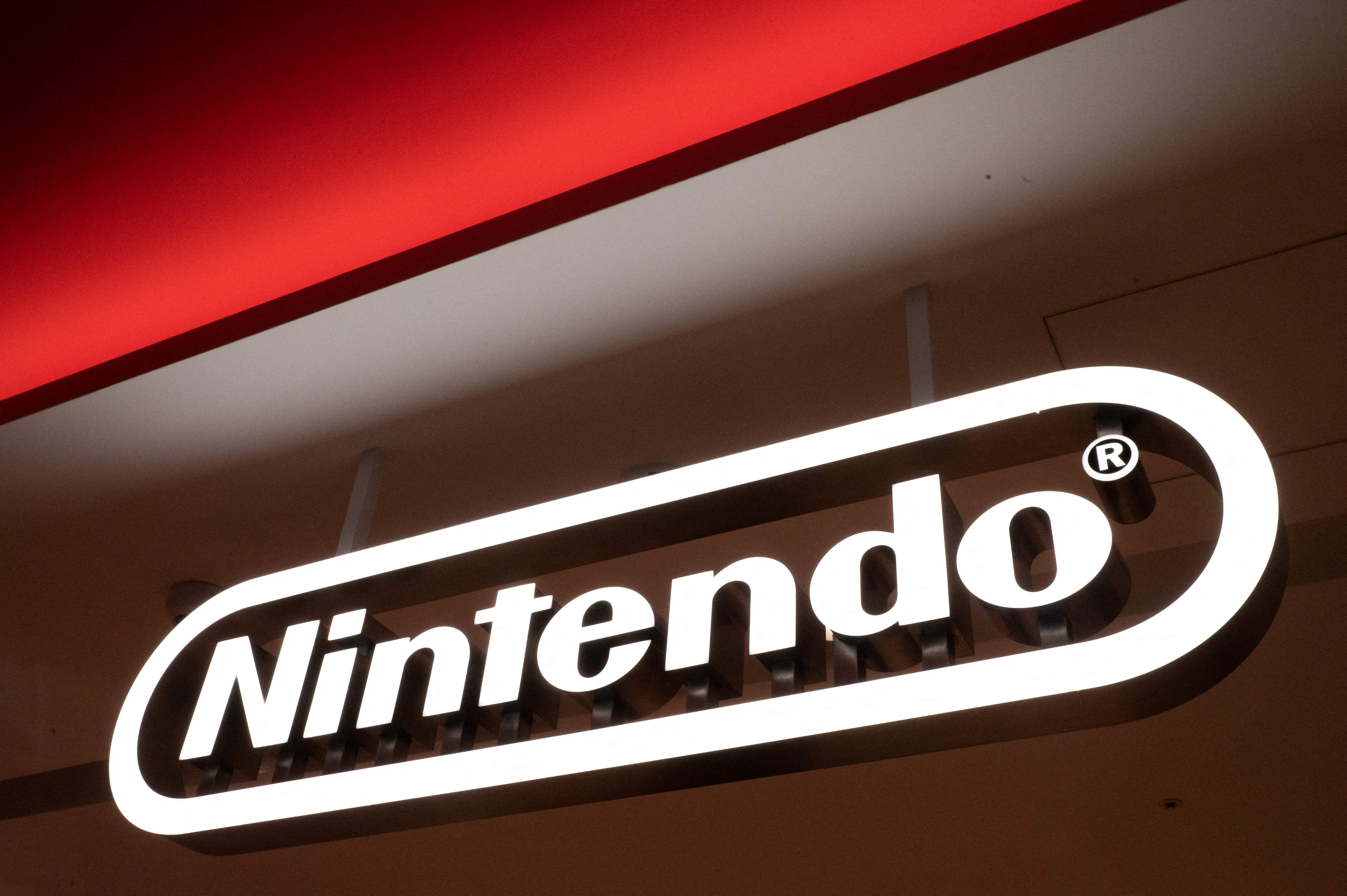 Nintendo logo is pictured in red and white