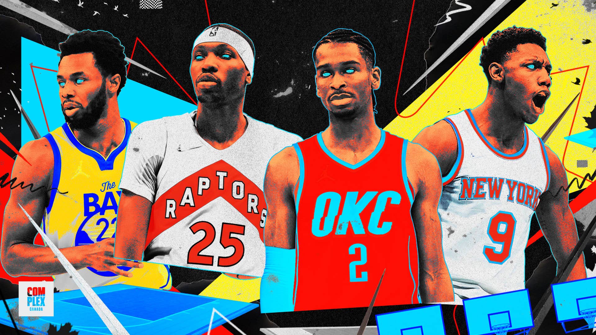 Andrew Wiggins, Chris Boucher, Shai Gilgeous-Alexander, and RJ Barrett appear in a stylized illustration