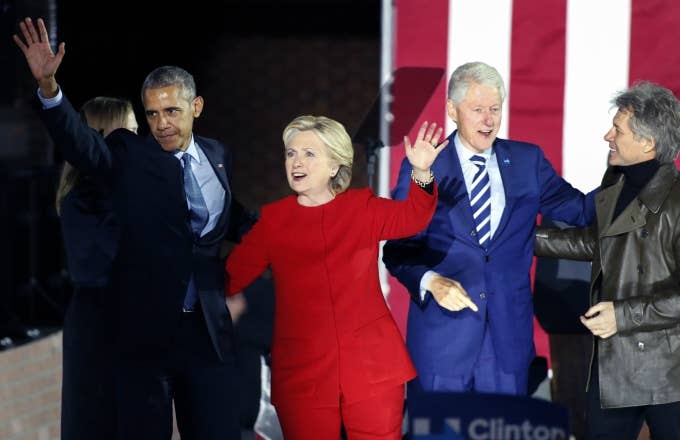 Barack and Hillary Clinton at a rally.