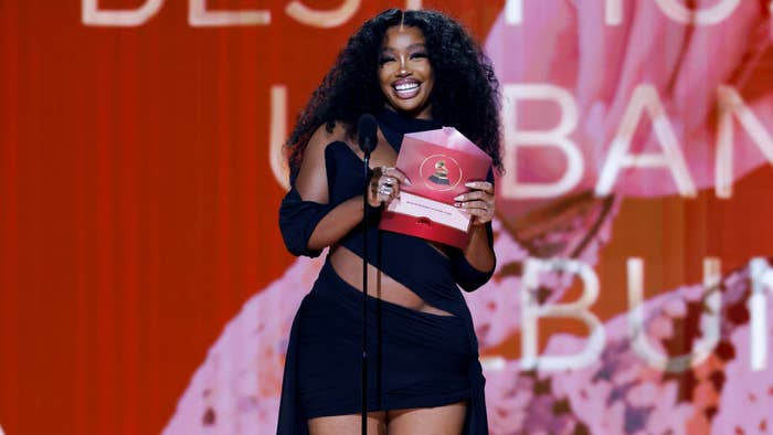 SZA on the stage at the Grammy Awards
