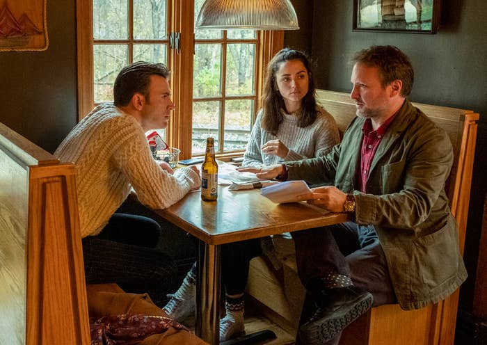 Chris Evans, Ana de Armas and Director Rian Johnson on the set of &#x27;Knives Out&#x27;