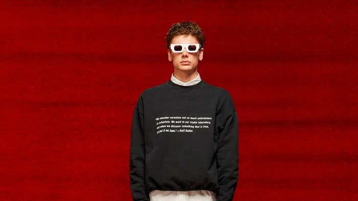 A person displaying a look from Mr. Saturday&#x27;s Fall/Winter 2022 collection.