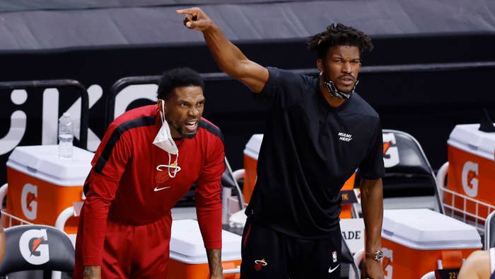 Udonis Haslem #40 and Jimmy Butler #22 of the Miami Heat.