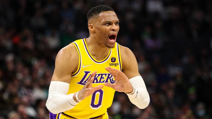 Russell Westbrook #0 of the Los Angeles Lakers reacts after getting called for a foul.