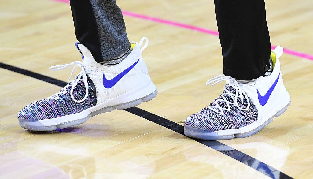 Kevin Durant Wearing the Nike KD 9 Warriors Multicolor Side