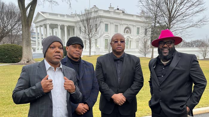 E-40, Too Short, Mistah Fab, and Sway photographed outside of the White House.