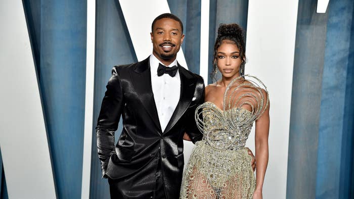 Michael B. Jordan and Lori Harvey attend the 2022 Vanity Fair Oscar Party