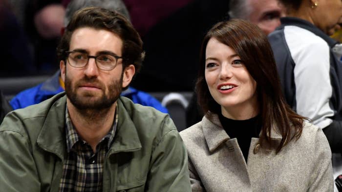 Emma Stone and Dave McCary attend Warriors and Clippers basketball game.