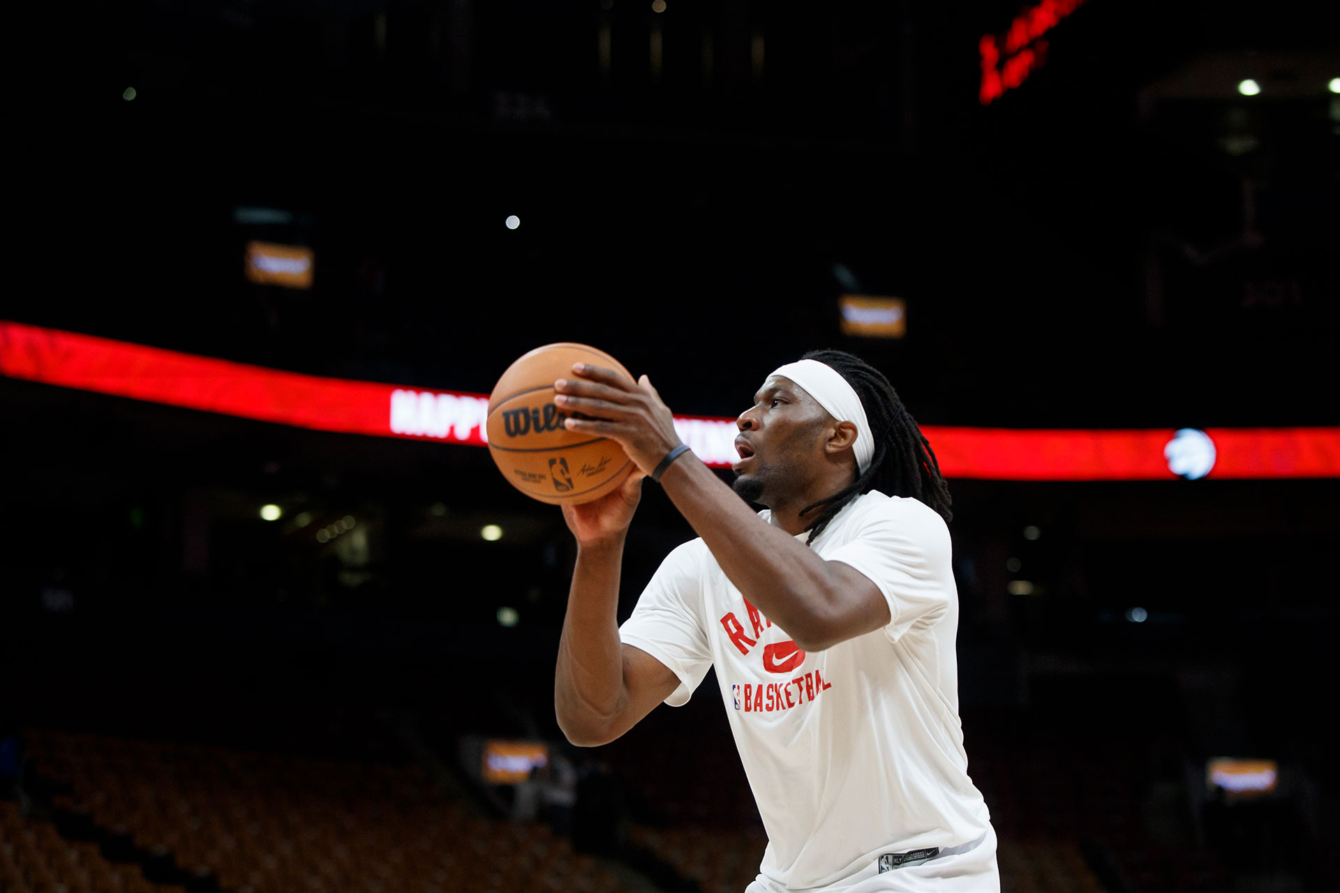 Precious Achiuwa shooting ball at Toronto Raptors practice.