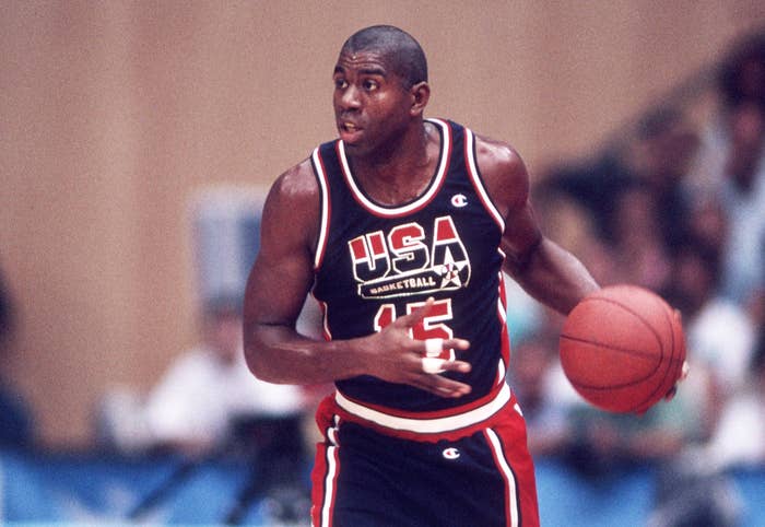 Magic Johnson of the USA Dream Team directs the offense at the 1992 Summer Olympics
