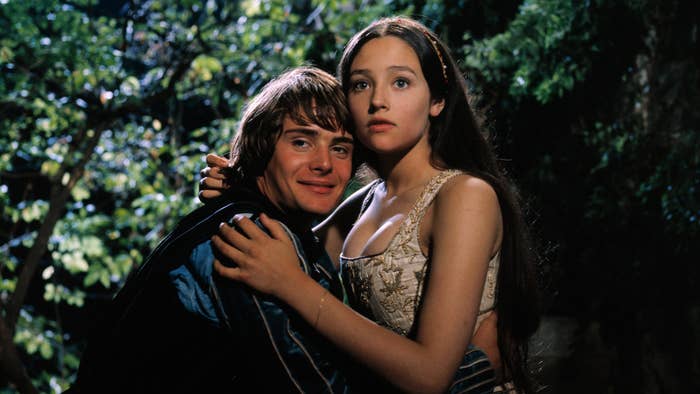Leonard Whiting plays Romeo Montague and Olivia Hussey plays Juliet Capulet in the 1968 production of Shakespeare&#x27;s Romeo and Juliet