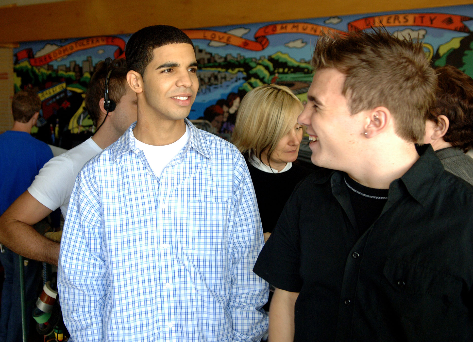 Aubrey Graham (Jimmy) and Shane Kippel (Spinner) during &quot;Degrassi: The Next Generation&quot; Celebrates 100th Episode at Degrassi High School Set in Toronto, Ontario, Canada.
