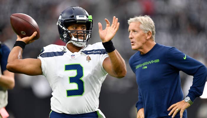 Russell Wilson and Seattle Seahawks head coach Pete Carroll