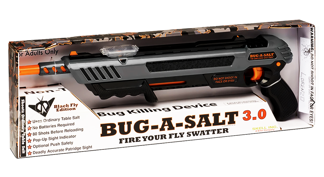 Promotional photo of Bug A Salt gun inside its packaging.
