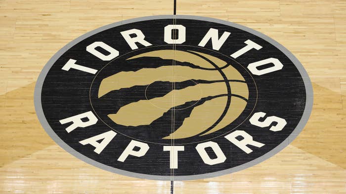 The team logo decal at center court on Welcome Toronto night during the Toronto Raptors NBA game.