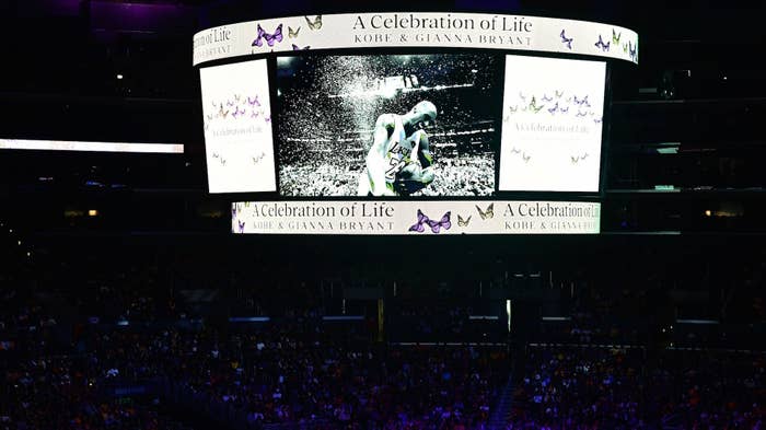 A screen shows photos during the &quot;Celebration of Life for Kobe and Gianna Bryant&quot; service