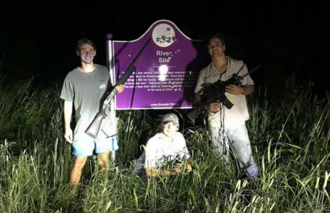 Ole Miss fraternity students pose in front of Emmett Till memorial sign