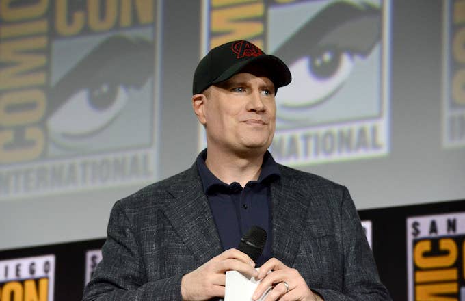 Kevin Feige speaks at the Marvel Studios Panel during 2019 Comic Con International.