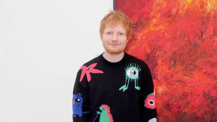 Ed Sheeran attends a private view of artist Jelly Green&#x27;s new exhibition &quot;Burn&quot;