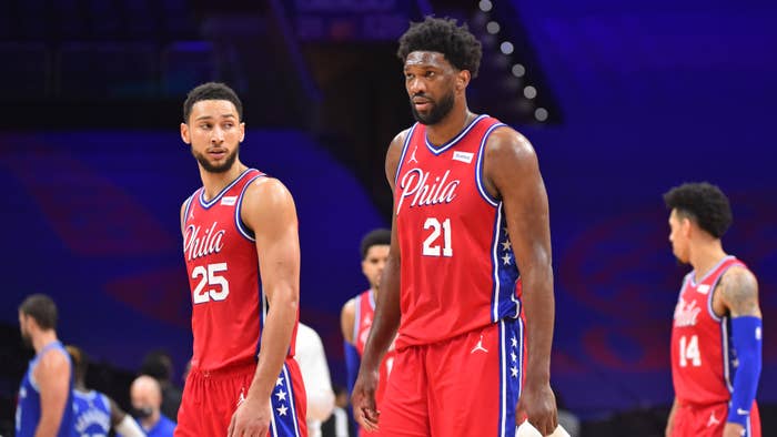 Ben Simmons #25 of the Philadelphia 76ers and Joel Embiid #21