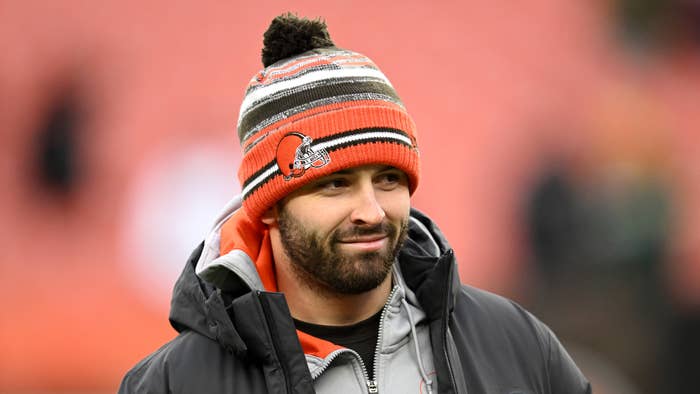 Baker Mayfield #6 of the Cleveland Browns looks on during warm-ups.